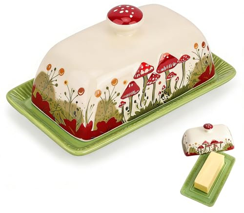 Butterdose Keramik Hochwertige Butterdose Porzellan mit Roter Griff und Buntes Pilzen Muster, Dickwandiger Butterglocke Butterschale Butterbehälter Butterbox, Spülmaschinengeeignet