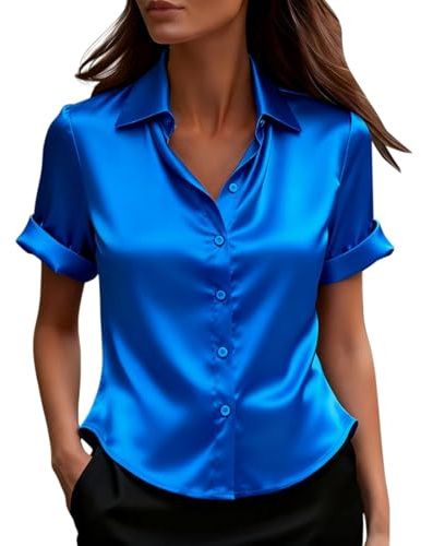 PODOLIXIA Bluse Damen Elegant Kurzarm Hemdbluse für Hochzeit Arbeit Einfarbig Satinbluse Damen Elegant Oberteile Button-Down Hemd mit Knopfleiste