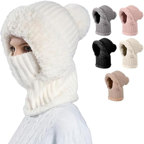 Generisk balaclava dam, vintermössa dam, 3-i-1 mössa mössa varm stickad mössa och halsvärmaruppsättningar, multifunktionell justerbar ansiktsmask för daglig och utomhus, Vit, one size