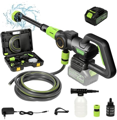 Nettoyeur Haute Pression sans Fil, 980 PSI / 120 Bar - Portable avec Pompe d'Aspiration - 6 en 1 Buses & Détergent - pour Voiture, Terrasse, Jardin (5m Tuyau) (C-2 Batterie)