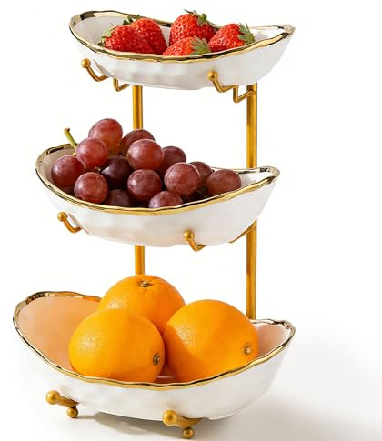 LUPATDY Frutero de 3 Niveles de Cerámica con Soporte de Metal, Fruteros de Cocina Extraíbles, Organizador de Cocina para Frutas, Verduras, Aperitivos y Postres,para Cocina y Salón (Blanco)