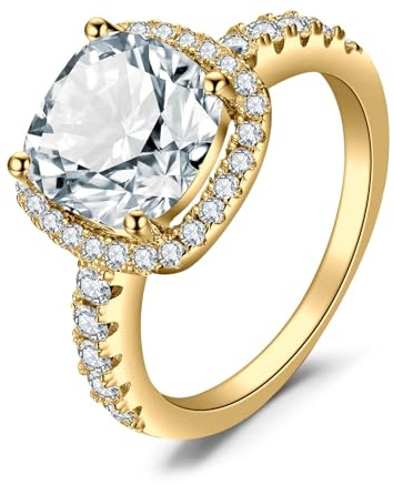 JewelryPalace Bague de Fiançailles Anneau d'Alliance pour Femme, Coussin 3ct Zircone Cubique en plaqué or jaune 14K Mariage Promise Engagement Cadeau Anniversaire Magnifique, Bijoux femme 57