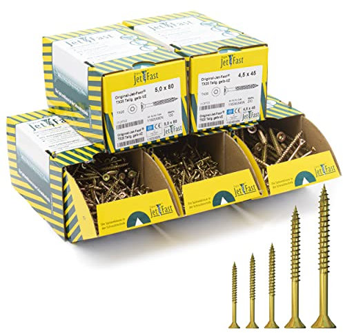 Original Jet-Fast Universalschrauben Set, Spanplattenschrauben, Duo-Senkrippenkopf, Mehrfach-KONKAV-Streifen, TX Antrieb, Holzschrauben, Selbstbohrspitze, Gelb verzinkt 1400 teilig