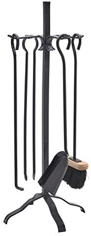 Serviteur de cheminée acier | 4 accessoires | Socle + pelle + balayette + tisonnier + pince | Kibros 4SC0581b