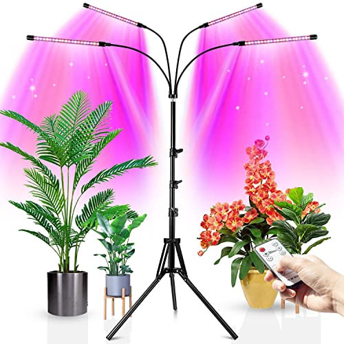 wolezek LED Pflanzenlampe mit Ständer, Bodenpflanzenlicht Vollspektrum 4 Köpfe für Zimmerpflanzen,Grow Lamp Tripod einstellbar15-61Inch,Timing 6/12/16H,3 Modi & 5-stufige Helligkeit