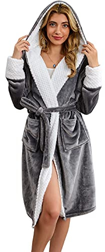CMTOP Dressing Gown Womens Hoodies Sherpa Blanket Robe Bathrobe Fluffy Maternity Pyjamas Comfortable Bear Plush Fleece Pockets Luxury Super Soft Housecoat Loungewear nightwear plus size（Grey