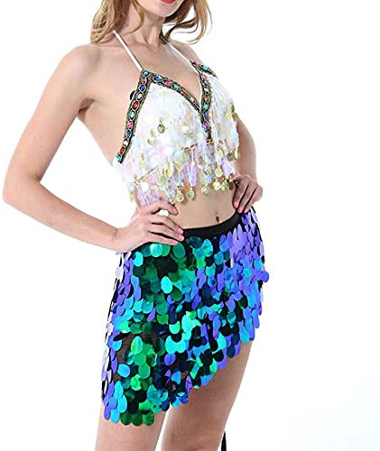 Sttiafay Bauchtanz Hüftrock über dem Knie Pailletten Meerjungfrau Hüftschal Wrap Rave Karneval Kostüm für Damen, Blau / Grün, Einheitsgröße