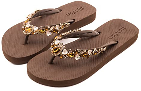Flip Flops - Mooilo - Blumen - Handarbeit - Flip Flop - spezielle Sohlenkonstruktion - Design, made in Germany (Braun, numeric_36)