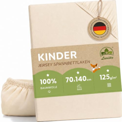 leevitex Kinder Spannbettlaken, 70x140cm, Für Babybett & Kinderbett, 1er Set, 100% hochwertige Mako-Jersey-Baumwolle, Naturweiß/Cremé