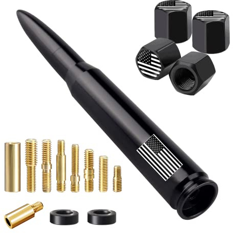 American Flag Car Truck Antenna with Valve Stem Caps, Universal Mast for GM Chevy Silverado 1500 2500 3500 HD Avalanche Ford F150 F250 F350 Denali Heavy Duty Pickup Trucks Accessories (Black)