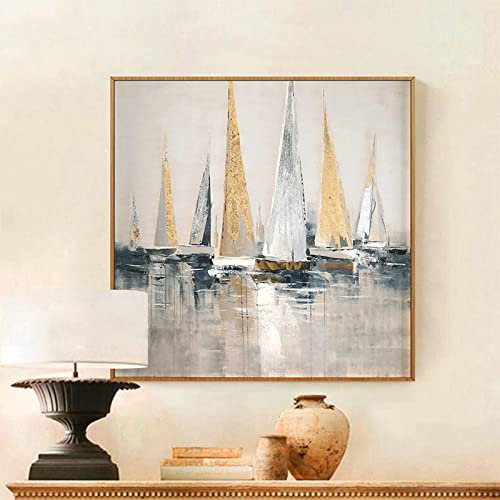 Ölbilder Auf Leinwand Handgemalt,Große Moderne 100% Handgemalte Auf Leinwand Kunstwerke Gold Und Silber Segelboot Ölgemälde Wandkunst Sofort Zur Hand, Für Wohnzimmer Schlafzimmer Heimdekoratione
