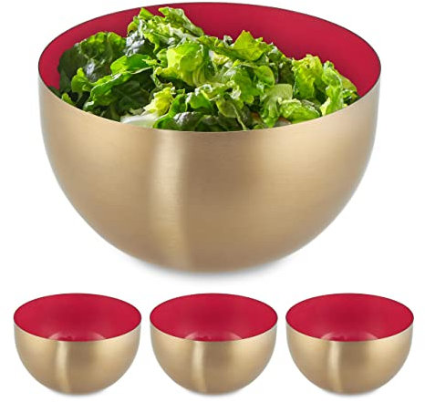 Relaxdays 4X Ciotola da Insalata, Acciaio Inox, 1 Litro, Insalatiera Tonda, Scodella Portafrutta da Cucina, Rosso Dorato