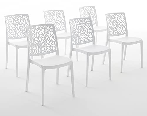 RATTATAN Anna - Stühle aus glasfaserverstärktem Harz, stapelbar, für den Innen- und Außenbereich geeignet, mit einem von Blättern inspirierten Rückendesign (6, Weiß)