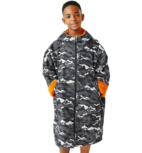 Regatta Kids Oversized Waterproof Changing Robe 5-9 years, Black Camo/Persimmon