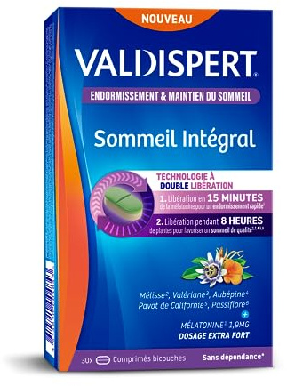 VALDISPERT - Sommeil Intégral - Endormissement & Maintien Du Sommeil - Complément Alimentaire À La Mélatonine et Plantes - Dosage Extra Fort 1,9mg - Sans Dépendance - 30 Comprimés - 30 nuits
