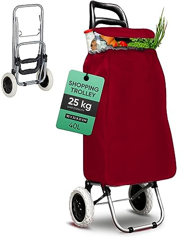 DS Lux Hocheffizienter Einkaufstrolley - 40 Liter Kapazität, 25 kg Belastbar, Verschließbare Reißverschlusstasche, Ergonomischer Griff, Platzsparend Zusammenklappbar. (Rot)