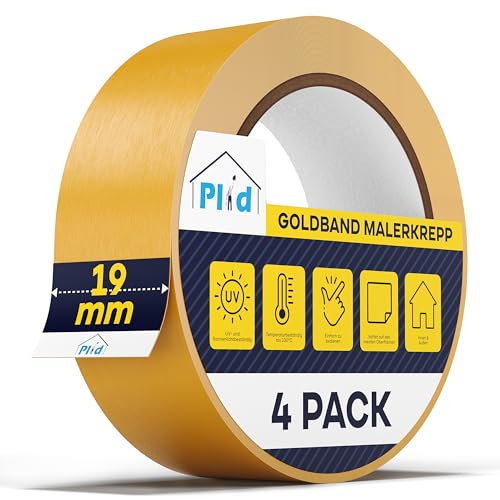 Plid® Goldband Malerkrepp [Wasserabweisend] - Malerklebeband Nassfest - Innen & Außen - Abklebeband Maler, verhindert Unterlaufen von Farben - Painters Tape - Klebeband Maler (19mm, 4 Rollen x 50m)