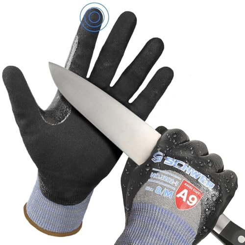 Schwer ANSI A9 Cut/Abrasion Resistant Gloves for Heavy Duty Work, 18 Gauge 3/4 Double Dipped Nitrile Coating for Construction, Gardening, Water & Oil Proof, Anti Slip, Touch Screen, PM3202, Black, M