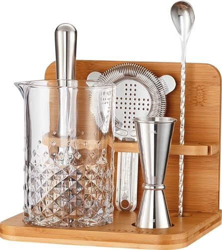 Mixeries Crystal Cocktail Mixing Glass Set with Bamboo Stand - 22 Oz 650ml - Thick and Sturdy Bottom, Durable and Seamless Design with Bar Accessories Gift Set