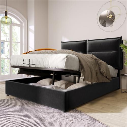 Gepolstertes Bett mit verstellbarem Kopfteil, Doppelbett mit hydraulischer Aufbewahrung, 140 x 200 cm, Bettgestell mit Metalllatten für Erwachsene, Bett, Schlafzimmer (Nior + ohne Matratze)