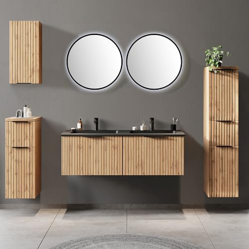 Lomadox Badmöbel Set 6-teilig inkl. Doppelwaschtisch 120cm in Eiche, Fronten gestreift | Doppelwaschbecken schwarz, Spiegel mit LED