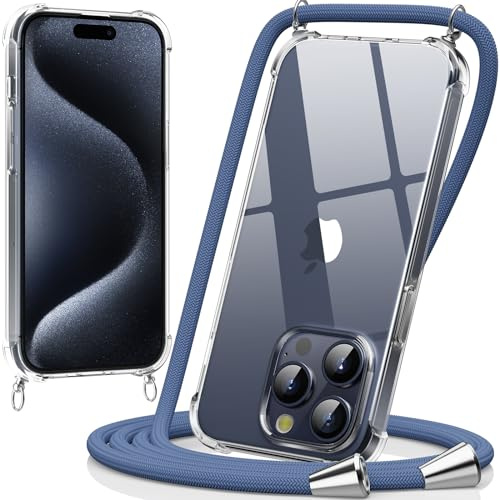 caslord Handyband kompatibel mit iPhone 15 Pro 6,1 Zoll, Necklace Hülle mit Bands Handyhülle für zum Umhängen, Transparent Case mit Handykordel,Stoßfeste Schutzhülle zum Umhängen Kordel, Blau
