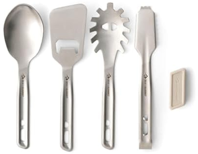 SEA TO SUMMIT - Detour Utensil Set - Küchenhelferset - 5-teilig - Servierlöffel + Spaghettilöffel + Zange + Pfannenwender + Silikonhalterung - BPA-frei - Campingbesteck aus Edelstahl - 580 g