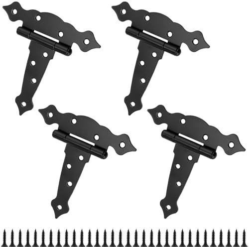 JOIKIT Lot de 4 charnières de porte en T de 12,7 cm avec vis, charnières de porte d'abri de jardin pour portes en bois, charniere noir