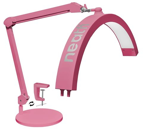 Neatfi Lámpara de mesa con brazo oscilante de media luna, iluminación LED para esteticistas, 2500 lúmenes, 5 modos de luz, ideal para decoración de uñas (CCT con Base y Abrazadera, Rosa)