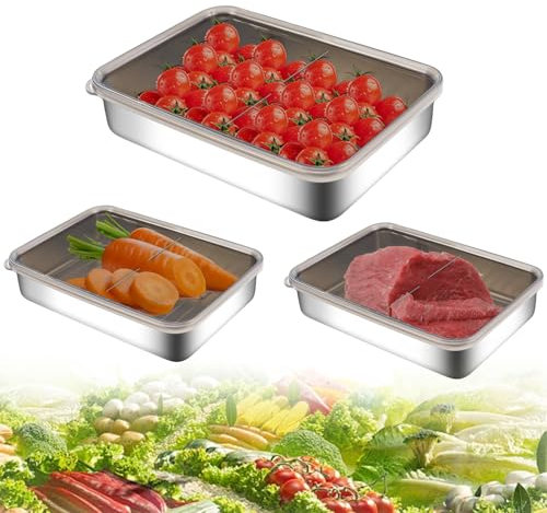 Aohcae Set mit 3 Aufschnittbox Fresh, Edelstahl Aufschnittboxen für Kühlschrank, Frischhaltedosen mit Deckel Edelstahl, Wurst Aufbewahrung Kühlschrank für Obst Geeignet,Fleisch,Käse