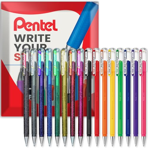 Pentel Hybrid – Dual Metallic/Mattehop – Flüssiggel-Tintenroller – K110–1,0 mm Spitze – Packung mit 16 Farben – in Kissenverpackung