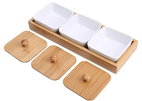 Sonew Assiette de Service d'apéritif en Céramique avec Couvercle de Plateau en Bambou pour Fruits, Noix, Desserts, Plateau à Collation à 3 Compartiments sans BPA,