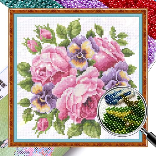 Generisch Rose Perlenstickerei Kreuzstich Set zum Selbermachen, Blume 9 CT komplettes Sortiment an vorgedruckten Startersets für Anfänger 29 x 28 cm