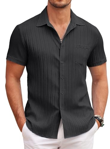 COOFANDY Kortärmad skjorta för män, ledig, sommar, fritidsskjorta, button down, strandskjortor, normal passform, skjorta med bröstficka, svart, XXL