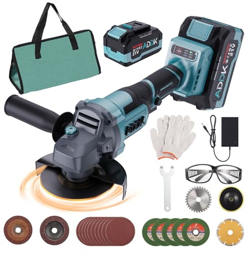 ZHOUDA - Smerigliatrice angolare senza fili, 125 mm, 6 velocità regolabili con 2 batterie, 21 V 4,0 Ah smerigliatrice angolare, motore brushless 9000 giri/min Smerigliatrice per metalli con disco