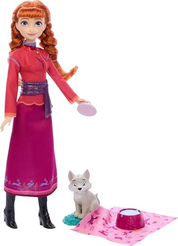 Mattel Disney Die Eiskönigin Anna-Modepuppe und Wolfsjunges-Figur mit 4 Zubehörteilen, einschließlich Tierbett und Bettdecke, inspiriert von den Tieren aus Arendelle, JFG17
