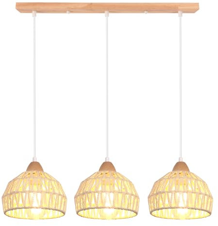 iDEGU 3 Lampes Suspension Luminaire Vintage Lustre Industriel en Bois Rotin Cage Abat-jour Rétro Lampe de Plafond E27 Éclairage Décoration Suspension pour Salon Cuisine Restaurent (Barre, Rotin Blanc)