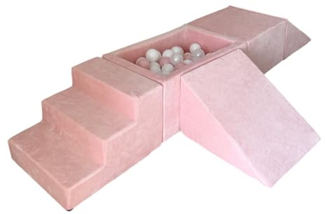 Monio for Kids Rosa Schaumstoff-Spielset aus Weicher Samt mit 5 Elementen Bällebad und 100 Bällen Abnehmbare Bezüge Weich und Waschbar Indoor-Spielset Kinderspielplatz