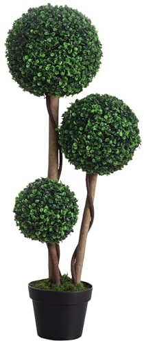 HOMCOM Decorative Artificial Tree Boxwood Ball Topiary Tree in Pot, UV-Cut Fake Plant for Home Indoor Outdoor Decor, 90 cm, Dark Green