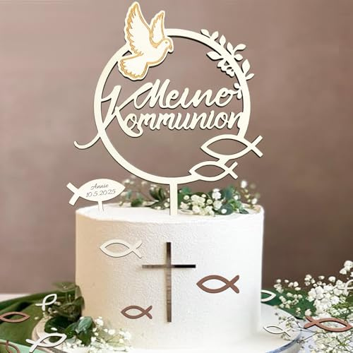 Tortendeko Kommunion, Meine Kommunion Cake Topper Holz & 36 Stück Fische Streudeko Tischdeko & Fisch Kreuz Kuchen Deko, Erstkommunion Deko Junge Mädchen Geschenke Gastgeschenke, Kommunionsgeschenke