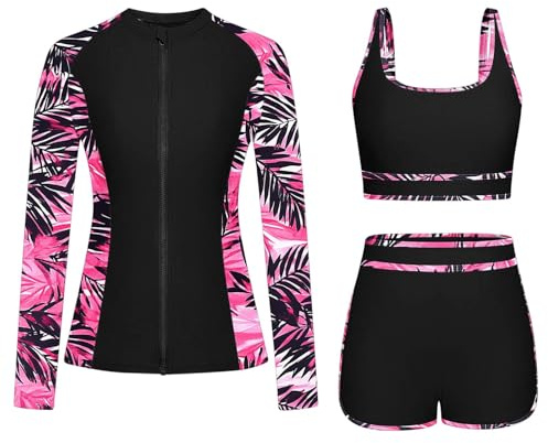 Trajes de baño de 3 piezas con protección solar UV UPF 50+ de manga larga para mujer, traje de neopreno, traje de baño con cremallera, bikini modesto, traje de baño de protección solar, camiseta de