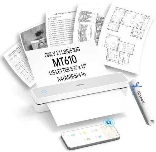 iDPRT Tragbare Drucker Wireless für Reisen,MT610 Mini Thermodrucker A4,Bluetooth Drucker für Reisen,Zuhause,Studium,Wireless Drucker für den Heimgebrauch Kompatibel mit iOS,Android und PC,Weiß
