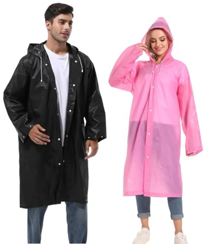YingErTool 2 stycken vattentät regnponcho, lätt, återanvändbar regnrock med huva, bärbar nödponcho för vuxna, familj, vandring, cykling, camping, Rosa+svart, one size