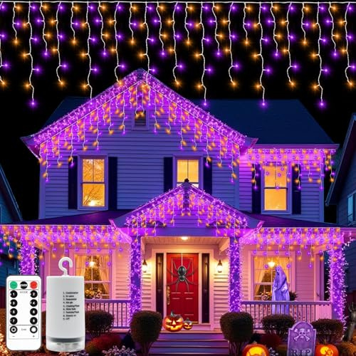 DBFAIRY Halloween Eiszapfen Lichter Außen Batterie, 6M 300 LED Vorhang Lichterkette Lila Orange mit Fernbedienung Timer 8 Modi Eiszapfen Lichterkette für Garten Fenster Pavillon Dach Dekor