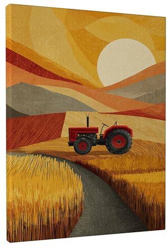 Golden Fields Tractor Wall Art, Red Vintage Farm Equipment Canvas Print, Country Style Home Decor for Living Room, Kitchen, Office, Wrapped Canvas 8x12 Inch