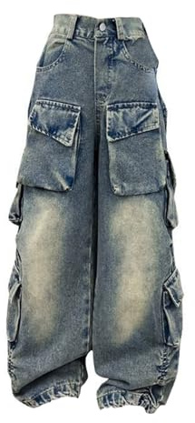 Mädchen Cargo Jeans Baggy Weite Beine Y2K Vintage High Waist Gerade Schnitt Viele Taschen Hip Hop Streetwear Oversized Denim Hose Kinder Teenager Trend Casual Grunge Kleidung
