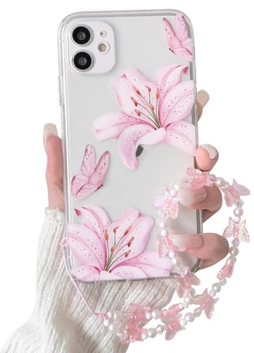 NITITOP for iPhone 11 Case Clear Cute Flower Lily Chain,Pink | for Women Girls, Floral Butterfly Design, with Wrist Strap, Soft TPU Shockproof Cover, Full Camera Protection