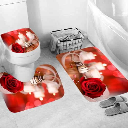 Generisch Badgarnitur 3 Teilig Badezimmerteppich Waschbar Badematte rutschfest,Wc Vorleger Mit Ausschnitt Und Badematte, Badvorleger Toilette Teppich 45X75Cm Rose