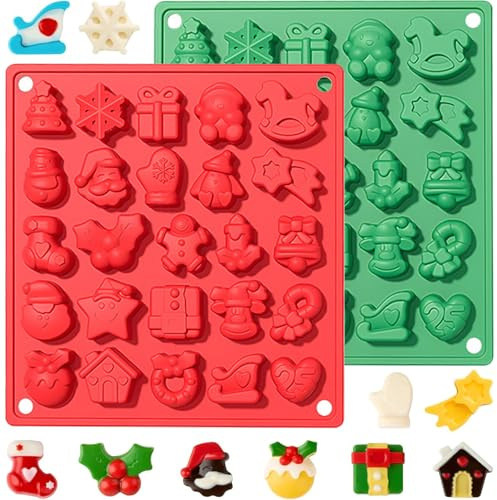 YXHZVON 2 Stück Silikonform Weihnachten, Non Stick 3D Süßigkeiten Backformen, 25 verschiedenen Motiven Silikon Schokoladenformen für Schokolade, Kuchen, Gelee, Mousse (Rot + Grün)