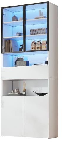 Gxffipw Vitrine mit Glasschrank Tür und LED-Licht, Vitrinenschrank Glasvitrine mit Schubladen, Highboard Sammlervitrine mit Offene Speicherplattform, Wohnzimmerschrank, Weiß+Schwarz, 70x30x200 cm